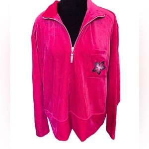 Jaclyn Smith Sport Vintage 90s Pink Velvet Corduroy Tropical Floral Zip Jacket